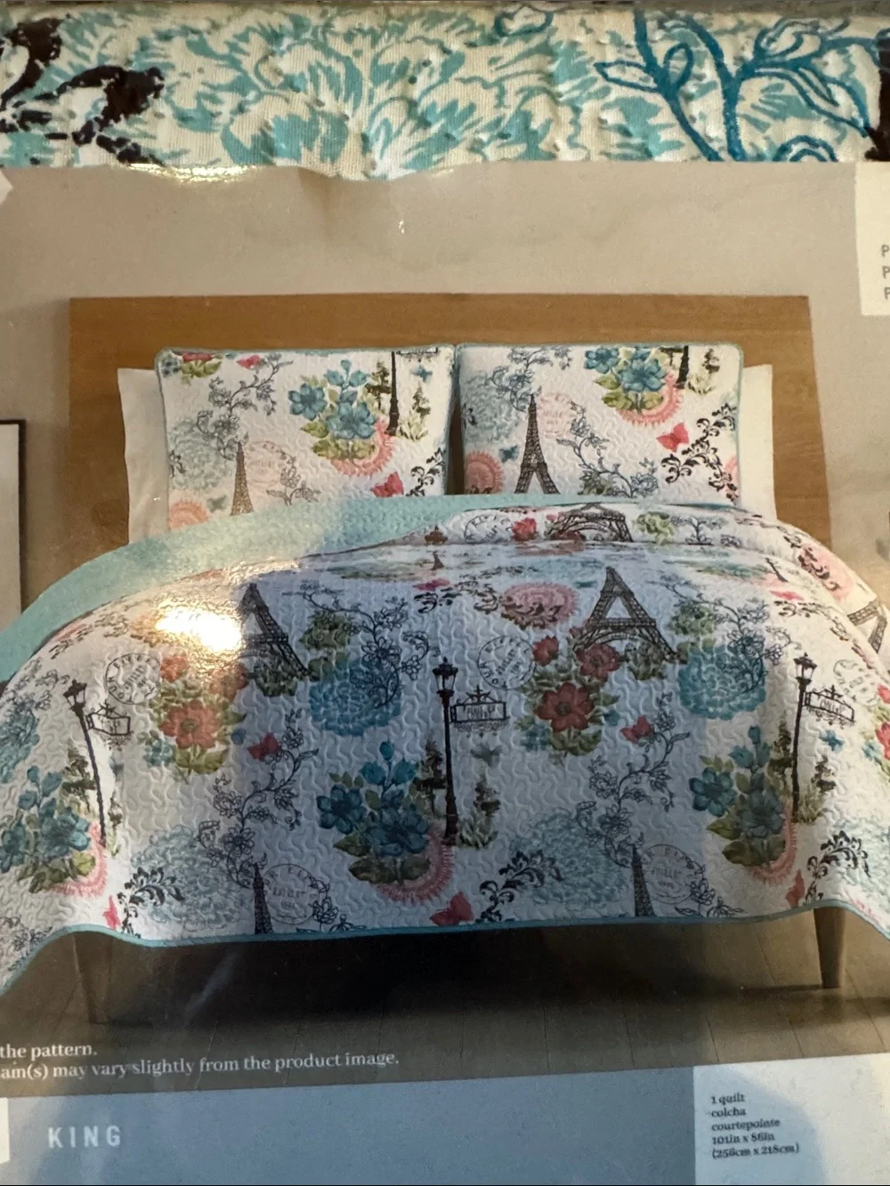 Floral Eiffel King Quilt Set in White, Teal, Pink